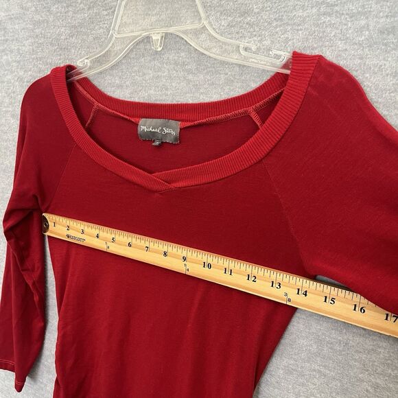 Michael Stars Ruched Bodycon Dress Size S 3/4 Sleeve VNeck Mini Stretch Deep Red - Picture 10 of 12